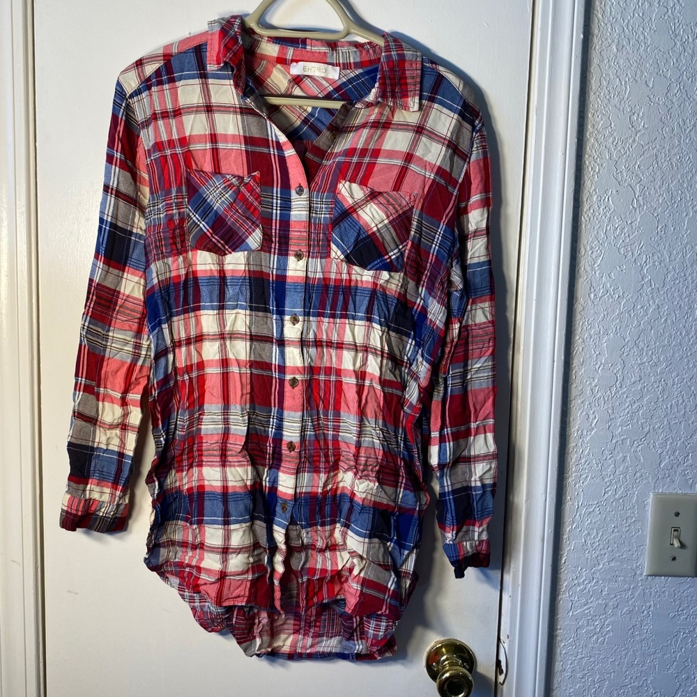 Entro Womens Red White Blue Plaid Rayon Button Down Shirt Size Large
